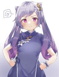 Rule 34 | 1girl, aged down, annoyed, blush, braid, breasts, china dress, chinese clothes, cone hair bun, double bun, dress, flower, genshin impact, hair bun, hair ornament, hairclip, hands on own hips, highres, keqing (genshin impact), looking at viewer, puffy short sleeves, puffy sleeves, purple dress, purple eyes, purple hair, sameya (ara7569), short sleeves, small breasts, solo, twintails, upper body