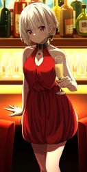 Rule 34 | 1girl, alcohol, bar (place), bare shoulders, belt buckle, black coat, blonde hair, bottle, breasts, buckle, cleavage, cleavage cutout, closed mouth, clothing cutout, coat, cup, dress, drink, highres, holding, holding cup, jewelry, large breasts, liquor, lycoris recoil, nishikigi chisato, pendant, red dress, red eyes, short dress, short hair, smile, solo, syurimp