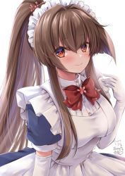 Rule 34 | 1girl, absurdres, alternate costume, apron, artist name, black dress, blush, brown eyes, brown hair, closed mouth, dated, dress, elbow gloves, enmaided, gloves, hair between eyes, highres, kantai collection, long hair, maid, maid headdress, mashiro yukiya, one-hour drawing challenge, ponytail, puffy short sleeves, puffy sleeves, short sleeves, signature, simple background, smile, solo, very long hair, white apron, white background, white gloves, yamato (kancolle)