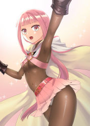 Rule 34 | 1girl, absurdres, arm up, armpits, belt, black gloves, black pantyhose, blunt bangs, bodystocking, breasts, cloak, gloves, highres, hood, kakukau, long hair, magia record: mahou shoujo madoka magica gaiden, mahou shoujo madoka magica, miniskirt, navel, open mouth, outstretched arm, panties, pantyhose, pink background, pink eyes, pink hair, pink skirt, ponytail, simple background, skirt, small breasts, solo, tamaki iroha, thighs, underwear, white cloak, white panties