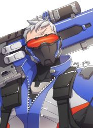 Rule 34 | 1boy, artist name, covered mouth, cowlick, holding, holding weapon, male focus, overwatch, overwatch 1, pping, scar, simple background, soldier: 76 (overwatch), solo, visor, weapon, white background, white hair