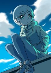 Rule 34 | 1girl, absurdres, blue sky, cloud, cloudy sky, drawstring, futomayu-chan (sinohira rin), hands in pockets, highres, looking at viewer, original, outdoors, pantyhose, parted lips, shoes, short hair, sinohira rin, sky, solo