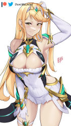 Rule 34 | 1girl, arm behind head, armpits, artist name, blonde hair, breasts, chest jewel, cleavage, covered navel, dress, hand on leg, hand on own leg, hand on own thigh, hand on thigh, highres, large breasts, leaning forward, legs, long hair, looking at viewer, mythra (xenoblade), simple background, smile, solo, thick thighs, thighs, twitter logo, white background, xenoblade chronicles (series), xenoblade chronicles 2, yellow eyes