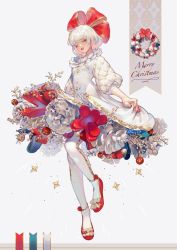Rule 34 | 1girl, aruk, blunt bangs, blush, bow, christmas, christmas ornaments, closed eyes, dress, gold trim, highres, lipstick, makeup, medium hair, merry christmas, nail polish, original, pinecone, red bow, red footwear, red lips, red nails, smile, solo, white dress, wreath