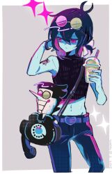 Rule 34 | 1boy, alternate costume, antenna hair, arm behind head, arm tattoo, bag, belt, black shirt, blue hair, blue pants, blue skin, border, colored inner hair, colored skin, commentary, covered collarbone, cowboy shot, crop top, cup, deltarune, disposable cup, drinking straw, expressionless, eyewear on head, grey background, hair between eyes, hand in own hair, highres, holding, holding cup, kris (deltarune), looking to the side, male focus, multicolored hair, navel, noppo (nopon), outside border, pants, pink eyes, round eyewear, shaded face, shirt, short hair, shoulder bag, simple background, solo, spamton g. spamton, sparkle, standing, sunglasses, sweat, symbol-only commentary, tattoo, white border