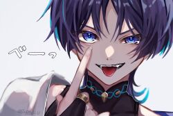 Rule 34 | 1boy, akanbe, artist name, black shirt, bridal gauntlets, choppy bangs, commentary request, covered collarbone, eyelid pull, genshin impact, hair between eyes, hand up, highres, index finger raised, jacket, looking at viewer, male focus, open mouth, parted bangs, purple eyes, purple hair, scaramouche (genshin impact), shima usagi, shirt, short hair, simple background, sleeveless, sleeveless shirt, smile, solo, teeth, tongue, tongue out, translation request, twitter username, upper body, v-shaped eyebrows, wanderer (genshin impact), white background, white jacket