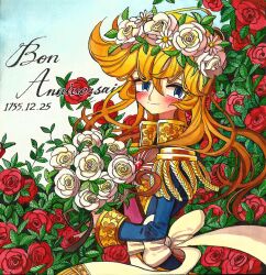 Rule 34 | 1girl, blonde hair, blue eyes, blue jacket, blush, bouquet, bow, closed mouth, epaulettes, floral background, flower, flower wreath, hair between eyes, happy birthday, head wreath, holding, holding bouquet, jacket, leaf, long hair, long sleeves, looking at viewer, marker (medium), meremero, oscar francois de jarjayes, red flower, red rose, rose, smile, solo, standing, traditional media, versailles no bara, white bow, white flower, white rose