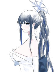 Rule 34 | 1girl, absurdres, aremen, black hair, blue archive, blue eyes, blue halo, blush, breasts, choker, closed mouth, dress, elbow gloves, from side, gloves, halo, highres, large breasts, long hair, official alternate costume, saori (blue archive), saori (dress) (blue archive), simple background, solo, strapless, strapless dress, upper body, white background, white choker, white dress, white gloves