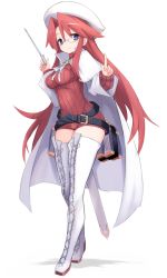 Rule 34 | 1girl, aty (summon night), belt, beret, blue eyes, blush, book, boots, breasts, cape, dress, glasses, hat, highres, karukan (monjya), large breasts, long hair, long sleeves, looking at viewer, red hair, red sweater, smile, solo, summon night, summon night 3, sweater, sword, thigh boots, thighhighs, weapon, white footwear, white thighhighs