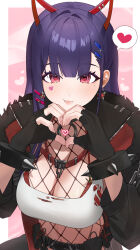 Rule 34 | 1girl, absurdres, akuma nihmune, blush, bracelet, breasts, cleavage, collar, d4kou16, demon girl, demon horns, fingerless gloves, gloves, hair ornament, heart, heart hands, heart tattoo, highres, horns, indie virtual youtuber, jewelry, large breasts, long hair, looking at viewer, mole, mole under eye, navel, pout, purple hair, red eyes, shirt, solo, spiked bracelet, spikes, spoken heart, tattoo, virtual youtuber