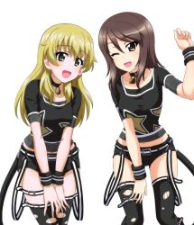 Rule 34 | 2girls, black shorts, black thighhighs, blonde hair, blush, breasts, brown eyes, brown hair, carpaccio (girls und panzer), collar, girls und panzer, green eyes, highres, key (gaigaigai123), large breasts, long hair, looking at viewer, mika (girls und panzer), multiple girls, navel, one eye closed, open mouth, shorts, simple background, smile, thighhighs, torn clothes, torn thighhighs, white background