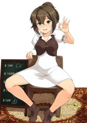 Rule 34 | 1girl, blush, brown footwear, brown hair, carpet, coin, dress, embarrassed, feathers, green eyes, haruhisky, highres, money, octopath traveler, octopath traveler i, ok sign, open mouth, ponytail, price list, shoes, short dress, short hair, sitting, solo, tressa (octopath traveler)