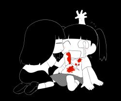 Rule 34 | 2girls, black background, blood, blood on clothes, blunt bangs, blush, chibi, closed eyes, crying, extra arms, facing another, flying sweatdrops, greyscale, kasugai (de-tteiu), kneeling, long hair, monochrome, monoe, monoko, multiple girls, one eye closed, open mouth, shirt, sitting, skirt, socks, spot color, streaming tears, t-shirt, tears, unmoving pattern, wiping mouth, yume nikki