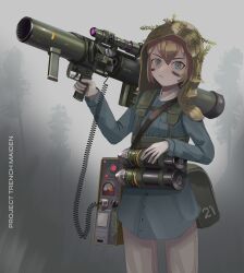 Rule 34 | 1girl, absurdres, ammunition, blue dress, blue eyes, buttons, carl gustaf recoilless rifle, closed mouth, commentary, cowboy shot, day, dress, english commentary, english text, facepaint, fog, foregrip, gauge, gloves, highres, holding, holding weapon, kill markings, klottinen, long sleeves, looking at viewer, military, monochrome background, original, outdoors, over shoulder, rifling, rocket launcher, scope, serious, solo, standing, tally, tree, trigger discipline, vertical foregrip, weapon, weapon over shoulder, white gloves