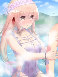 Rule 34 | 1girl, ainu clothes, animal ears, aquaplus, arm grab, arms up, bare shoulders, blonde hair, blue sky, blush, breasts, choker, cleavage, cleavage cutout, clothing cutout, cloud, cloudy sky, collarbone, cowboy shot, flower, flower on head, gradient eyes, hair between eyes, hairband, hanahujia, highres, jewelry, long hair, looking at another, medium breasts, mountainous horizon, multicolored eyes, nose, nose blush, one-piece swimsuit, open mouth, outdoors, purple one-piece swimsuit, red eyes, sidelocks, sky, sleeveless, solo focus, suzuri (utawarerumono: lost flag), swimsuit, thighs, utawarerumono, utawarerumono: lost flag, very long hair, water, wristband