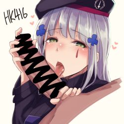 Rule 34 | 1boy, 1girl, beret, blunt bangs, blush, breasts, censored, facial mark, fellatio, girls&#039; frontline, green eyes, hair ornament, hat, hetero, hiruno, hk416 (girls&#039; frontline), jacket, large breasts, licking, licking penis, long hair, looking at viewer, open mouth, oral, penis, silver hair, solo focus, teardrop, tongue, tongue out