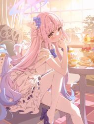 Rule 34 | 1girl, absurdres, blue archive, blue flower, blush, chair, evening, flower, foot out of frame, from side, hair bun, hair flower, hair ornament, highres, indoors, knee up, long bangs, looking at viewer, mika (blue archive), pantyhose, pink hair, seero, sitting, solo, table, tiered tray, tree, white pantyhose, window, yellow eyes