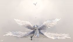 Rule 34 | 1girl, angel, arms between legs, chain, chained, chain, character request, commentary request, copyright request, dress, feathered wings, feathers, green eyes, grey background, highres, holding, holding chain, horns, kneeling, looking at viewer, mitsugu, multiple wings, pointy ears, signature, solo, spread wings, white dress, white wings, wings