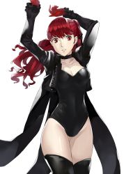 Rule 34 | 1girl, arms up, atlus, boots, breasts, choker, cleavage, coat, frilled sleeves, frills, gloves, hair ribbon, highres, j@ck, leotard, long coat, long sleeves, looking at viewer, matching hair/eyes, medium breasts, open clothes, parted lips, persona, persona 5, persona 5 the royal, ponytail, red eyes, red gloves, red hair, ribbon, sega, simple background, smile, solo, standing, thigh boots, thighhighs, trench coat, white background, yoshizawa kasumi