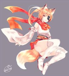 Rule 34 | 1girl, ahoge, animal ear fluff, animal ears, bare shoulders, blush, boots, breasts, chita (ketchup), closed mouth, commentary request, detached sleeves, expressionless, eyepatch, fox, fox ears, fox girl, from below, full body, grey background, hair between eyes, japanese clothes, kimono, long hair, long sleeves, looking at viewer, medium breasts, midair, one eye covered, orange hair, original, panties, ponytail, red eyes, red ribbon, ribbon, ribbon-trimmed sleeves, ribbon trim, sash, signature, simple background, sleeveless, sleeveless kimono, solo, thigh boots, thighhighs, thighs, underwear, white footwear, white kimono, white panties, white thighhighs, wide sleeves