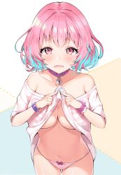 Rule 34 | 1girl, ayamy, bare shoulders, blue background, blue hair, blush, bracelet, breasts, cleavage, clothes lift, collar, collarbone, commentary request, cowboy shot, fang, frown, furrowed brow, heart-shaped lock, highres, idolmaster, idolmaster cinderella girls, jewelry, large breasts, lifted by self, lock, looking at viewer, multicolored hair, navel, no bra, no pants, off-shoulder shirt, off shoulder, open mouth, padlock, padlocked collar, panties, pink eyes, pink hair, shirt, shirt lift, short hair, short sleeves, skeleton print, skin fang, solo, standing, stomach, t-shirt, two-tone hair, underboob, underwear, wavy mouth, white background, white panties, white shirt, yumemi riamu