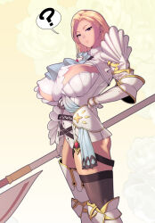 Rule 34 | 1girl, ?, areola slip, armor, ascot, asymmetrical legwear, blonde hair, blue ascot, breast cutout, breasts, copyright request, couter, cropped legs, cuisses, floral background, from side, hand on own hip, highres, holding, holding polearm, holding weapon, huge breasts, looking at viewer, pauldrons, polearm, purple eyes, revealing clothes, shoulder armor, solo, spoken question mark, thighhighs, tomoyuki kotani, weapon