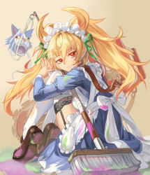 Rule 34 | 1girl, :|, blonde hair, blue skirt, bow, broom, brown background, brown footwear, cat, closed mouth, fingers together, full body, garter straps, green ribbon, highres, horns, juliet sleeves, long hair, long sleeves, looking at viewer, maid, mary janes, monster strike, open mouth, paint, puffy sleeves, red eyes, ribbon, shoes, simple background, sitting, skirt, solo, taba comya, thighhighs, white bow, white thighhighs