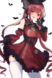 Rule 34 | 1girl, alternate eye color, bare shoulders, bat (animal), black gloves, black ribbon, blush, breasts, brown eyes, cleavage, commentary request, detached sleeves, dress, fang, frilled dress, frills, gloves, hand on own cheek, hand on own face, hat, highres, hololive, houshou marine, houshou marine (gothic lolita), juliet sleeves, large breasts, lolita fashion, long hair, long sleeves, looking at viewer, mini hat, official alternate costume, open mouth, pink hair, pocket watch, puffy sleeves, red dress, ribbon, see-through, see-through cleavage, simple background, skindentation, smile, solo, thighhighs, twintails, very long hair, virtual youtuber, warayanuko, watch, white background, white thighhighs, zettai ryouiki