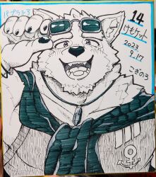 Rule 34 | 1boy, :d, animal ears, bara, dog boy, dog ears, eyewear on head, facial hair, furry, furry male, goatee, highres, koginoro, large pectorals, live a hero, looking at viewer, male focus, marker (medium), muscular, muscular male, open mouth, pectorals, photo (medium), pubraseer (live a hero), sailor collar, shikishi, short hair, smile, solo, spot color, sunglasses, thick eyebrows, traditional media, two-tone fur, upper body