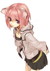 Rule 34 | 1girl, animal ears, cat ears, hand on own chest, jacket, pako (pakosun), pink hair, purple eyes, red hair, short hair, simple background, sketch, skirt, solo, white background