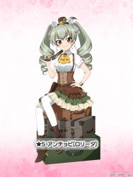 Rule 34 | 1girl, anchovy (girls und panzer), antique firearm, ascot, belt, black belt, black footwear, black hat, boots, brooch, brown skirt, charm (object), closed mouth, collared shirt, commentary request, drill hair, firearm, firelock, flintlock, frilled skirt, frills, girls und panzer, girls und panzer senshadou daisakusen!, green hair, gun, hair ribbon, hand on own hip, hat, high-waist skirt, high heel boots, high heels, holding, holding gun, holding weapon, idol, jewelry, key, layered skirt, lolita fashion, long hair, looking at viewer, luggage, mini hat, mini top hat, official alternate costume, official art, pantyhose, pouch, red eyes, ribbon, shirt, short sleeves, sitting, skirt, smirk, solo, suspender skirt, suspenders, top hat, translated, twin drills, twintails, watch, weapon, white pantyhose, white ribbon, white shirt, wristwatch, yellow ascot