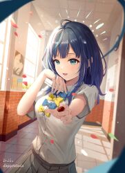 ! 1girl absurdres ahoge artist_name blue_bow blue_bowtie blue_eyes blue_hair bow bowtie candy collared_shirt cowboy_shot dagger_(wgue8322) food grey_skirt hallway hands_up heart highres holding holding_candy holding_food indoors looking_at_viewer make_heroine_ga_oo_sugiru! medium_hair open_mouth reaching reaching_towards_viewer school_uniform shirt short_sleeves skirt solo summer_uniform white_shirt yanami_anna yellow_bow yellow_bowtie