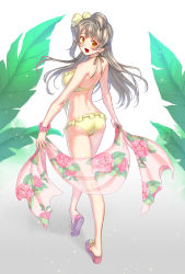 Rule 34 | 1girl, :d, ass, asymmetrical hair, back, bare arms, bare legs, bare shoulders, bikini, blunt bangs, blush, breasts, brown hair, butt crack, commentary request, floral print, frilled bikini, frills, from behind, full body, gradient background, grey background, holding, kws, leaf, long hair, looking back, love live!, love live! school idol project, medium breasts, minami kotori, one-piece tan, open mouth, orange eyes, rose print, sandals, scrunchie, see-through, shawl, smile, swimsuit, tan, tanline, tareme, walking, wrist scrunchie