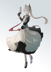 Rule 34 | 1girl, absurdres, apron, apron hold, arknights, black dress, black footwear, black thighhighs, bobby socks, closed mouth, dress, earrings, full body, grey eyes, grey hair, gun, head wings, high heels, highres, holding, holding gun, holding weapon, irene (arknights), irene (voyage of feathers) (arknights), jewelry, long hair, long sleeves, looking at viewer, maid, maid headdress, naoel (naoel art), ponytail, socks, solo, thighhighs, weapon, white apron, wings