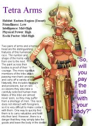 Rule 34 | 1girl, armpits, belt, blonde hair, bodypaint, bracelet, breasts, character profile, earrings, covered erect nipples, extra arms, gloves, hard-translated, horns, jewelry, knife, monster girl, multi arm, multi limb, necklace, nipples, okayado, pointy ears, solo, third-party edit, translated, underboob