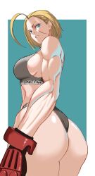 Rule 34 | 1girl, ass, ass focus, bare legs, bare shoulders, blonde hair, blue eyes, breasts, calvin klein, cammy white, from behind, highleg, highleg panties, highres, huge ass, large breasts, muscular, muscular female, octavius dp, panties, shiny skin, short hair, skindentation, street fighter, street fighter 6, thong, underwear, underwear only, wide hips
