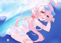 Rule 34 | 1girl, absurdres, ahoge, ass, bikini, bikini skirt, blue archive, blush, cloud, eyewear on head, fang, frilled bikini, frills, from side, hair bobbles, hair ornament, hasumi (hasubatake39), heterochromia, highres, hoshino (blue archive), hoshino (swimsuit) (blue archive), inflatable toy, inflatable whale, long hair, looking at viewer, lying, ocean, on stomach, open mouth, outdoors, pink hair, skirt, sky, smile, solo, straddling, sunglasses, swimsuit, thighs, twintails, very long hair, white bikini, white skirt