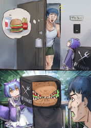 Rule 34 | 1boy, 1girl, absurdres, apron, backpack, bag, black bag, blue hair, box, bread bun, burger, delivery, doorway, dragon girl, dragon horns, dragon tail, dress, duel monster, fast food, food, food delivery box, hatano kiyoshi, highres, holding, holding box, holding food, horns, hungry burger, laundry dragonmaid, lettuce, long hair, long sleeves, maid, maid apron, multicolored hair, open mouth, short hair, smile, tail, teeth, wa maid, warrior dai grepher, yellow eyes, yu-gi-oh!