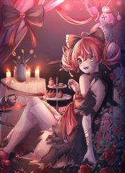 Rule 34 | 1girl, :d, absurdres, ahoge, bandaged arm, bandaged leg, bandages, black bow, black dress, bow, candle, commentary, dress, feet out of frame, flower, food, from side, green eyes, hair between eyes, hair bow, highres, hololive, hololive indonesia, knees up, kureiji ollie, looking at viewer, looking to the side, multicolored hair, open mouth, patchwork skin, plant, potted plant, puffy short sleeves, puffy sleeves, red eyes, red flower, red hair, red rose, rose, short sleeves, silver hair, sitting, smile, solo, stitched face, stitched leg, stitches, stuffed animal, stuffed toy, sweets, sword, teddy bear, tiered tray, two-tone hair, umyo (uu o3o 8), virtual youtuber, weapon, yellow eyes