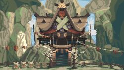 Rule 34 | building, clothesline, day, fence, flag, nintendo, no humans, outdoors, pixel jess, shrine, stairs, statue, the legend of zelda, the legend of zelda: breath of the wild, tree, water