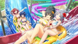 4girls :d :o ^_^ arm_scarf arm_up artist_request asuka_(senran_kagura) bandana_around_arm bare_shoulders bikini black_hair blue_bikini blue_eyes blue_gemstone blue_hair blush bow bracelet breasts brown_eyes bush cleavage closed_eyes collarbone crossover dolphin_hair_ornament dolphin_wave fern flower frilled_bikini frilled_bikini_top frills front-tie_bikini_top front-tie_top gem green_gemstone green_scrunchie grey_hair groin hair_between_eyes hair_bow hair_flower hair_intakes hair_ornament hair_ribbon hair_scrunchie hibiscus highres inflatable_raft jewelry large_breasts light_particles linea_alba looking_at_viewer multiple_girls navel official_alternate_hairstyle official_art one_side_up open_mouth orange_flower plant ponytail pool red_bikini red_flower red_gemstone red_hair red_scarf ribbon sakimiya_iruka scarf scrunchie senran_kagura senran_kagura_new_link senran_kagura_shinovi_versus senran_kagura_shoujo-tachi_no_shin&#039;ei shiny_skin short_hair short_ponytail side-tie_bikini_bottom sitting smile sparkle splashing striped_bikini striped_bow striped_clothes swimsuit thigh_gap tojou_michiru two-tone_bikini underboob water water_drop water_slide waterpark white_bikini white_bow white_ribbon yaegashi_nan yellow_bikini yumi_(senran_kagura)