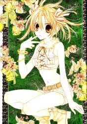 Rule 34 | 1girl, bare shoulders, bell, blonde hair, boots, border, bracelet, crop top, doily, finger to mouth, front-tie top, fur, highres, jewelry, lace, lace border, leaf, midriff, navel, official art, ornate border, otomiya haine, scan, shinshi doumei cross, short hair, shorts, sleeveless, solo, tanemura arina, traditional media, twintails, yellow eyes