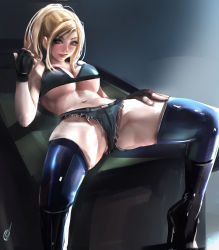Rule 34 | 1girl, alternate costume, bikini, bikini top only, black footwear, black gloves, blonde hair, blue eyes, blue thighhighs, boots, breasts, commentary, cutoffs, denim, denim shorts, english commentary, fingerless gloves, gloves, high heel boots, high heels, highres, knee boots, large breasts, latex, latex boots, latex legwear, long hair, looking at viewer, lying, naughty face, navel, on back, on table, orion-m, paid reward available, ponytail, pool table, sarah bryant, shorts, solo, spread legs, swimsuit, table, thick thighs, thighhighs, thighs, underboob, virtua fighter