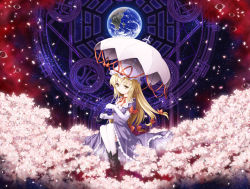 Rule 34 | 1girl, bagua, blonde hair, boots, bow, breasts, cherry blossoms, cleavage, dress, earth (planet), elbow gloves, eyeball, female focus, floating, gloves, hair bow, hat, hat ribbon, highres, knees up, latin text, light trail, long hair, looking at viewer, magic circle, medium breasts, mob cap, paji, parasol, ribbon, runes, smile, solo, space, thighhighs, touhou, trigram, umbrella, very long hair, white gloves, yakumo yukari, yellow eyes