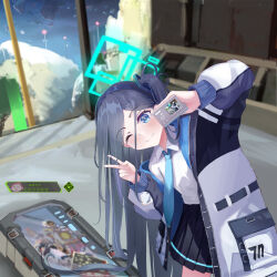 Rule 34 | 1girl, ;), ;3, absurdly long hair, android, aris (blue archive), black hair, black skirt, blue archive, blue eyes, box, camera, collared shirt, commentary request, digital camera, hair between eyes, hair ornament, hairband, halo, head tilt, holding, holding camera, in box, in container, jacket, leaning to the side, long hair, long sleeves, looking at viewer, multicolored clothes, multicolored jacket, one eye closed, one side up, open clothes, open jacket, outdoors, pleated skirt, rasutohda, school uniform, selfie, shirt, sidelocks, skirt, smile, solo, two-tone jacket, v, very long hair, white shirt, zipper