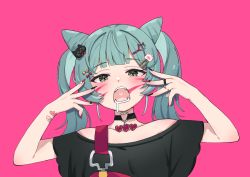 Rule 34 | 1girl, absurdres, animal (vocaloid), animal ears, animal hair ornament, aqua eyes, aqua hair, black nails, black shirt, blouse, blush, casual, collarbone, commentary, cone hair bun, drooling, fingernails, hair bun, hair ornament, hairclip, hands up, hatsune miku, heart, heart collar, heart in mouth, heart pendant, highres, long hair, multicolored nails, nail polish, open mouth, pink background, red nails, shirt, sidelocks, simple background, solo, twintails, vocaloid