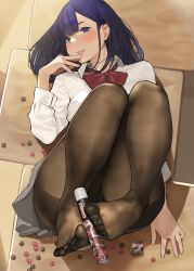 Rule 34 | 1girl, blush, bow, bowtie, breasts, brown pantyhose, candy, chocolate, collared shirt, desk, feet, feet on toy, finger to mouth, food, holding with feet, from above, hand to own mouth, highres, legs folded, legs up, long hair, looking at viewer, lying, medium breasts, mole, mole under eye, no shoes, on back, on desk, original, pantyhose, parted lips, purple eyes, purple hair, red bow, red bowtie, school desk, shirt, smile, solo, spill, thighband pantyhose, toes, unbuttoned sleeves, white shirt, yomu (sgt epper)