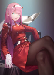 Rule 34 | 10s, 1girl, black pantyhose, bottle7, breasts, darling in the franxx, gloves, green eyes, highres, horns, long hair, military, military uniform, pantyhose, pink hair, simple background, solo, thighs, uniform, very long hair, white gloves, zero two (darling in the franxx)