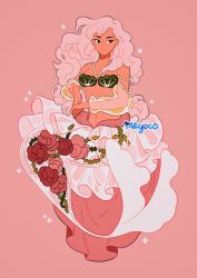 Rule 34 | 1girl, absurdres, artist name, beads, black eyes, colored skin, dress, fins, flower, full body, highres, jewelry, long hair, mermaid, meyoco, monster girl, navel, necklace, off shoulder, original, pink background, pink hair, pink skin, rose, see-through, simple background, smile, solo, sparkle, thorns, transparent, wavy hair