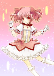 Rule 34 | 10s, 1girl, bad id, bad pixiv id, blush, bow, bubble skirt, dress, frills, gloves, hair bow, hair ribbon, kaname madoka, kaname madoka (magical girl), magical girl, mahou shoujo madoka magica, mahou shoujo madoka magica (anime), oumi neneha, pink background, pink eyes, pink hair, pink theme, puffy sleeves, ribbon, short hair, short twintails, skirt, solo, twintails